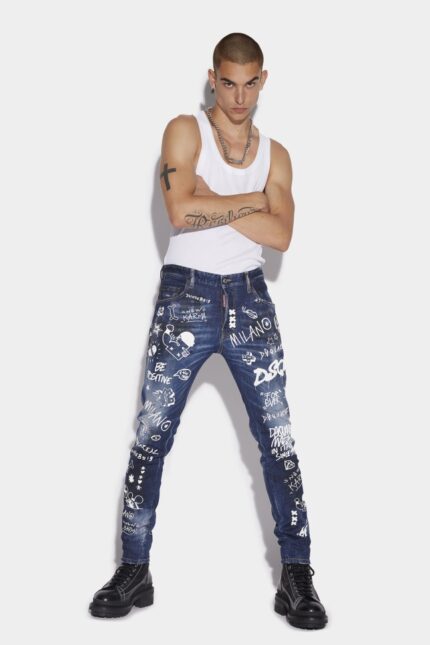 Dsquared2 Iconic Dark Graffiti Wash Skater Jeans