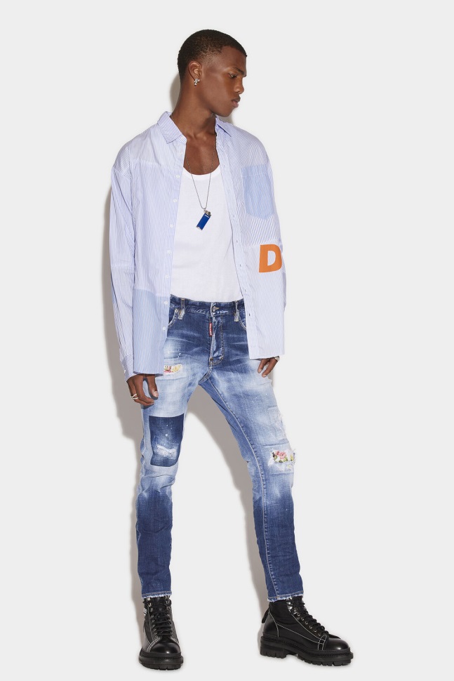 dsquared2_iconic_medium_dark_kneeleg_patch_wash_skater_jeans.jpg Dsquared2 Iconic Medium Dark Knee&Leg Patch Wash Skater Jeans - Image 1