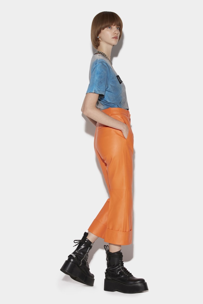 dsquared2_iconic_one_pleat_bell_bottom_trousers_orange_black.jpg Dsquared2 Iconic One Pleat Bell Bottom Trousers ORANGE/BLACK - Image 1