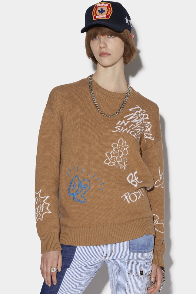 dsquared2_iconic_scribbles_round_neck_sweater_d2_camel.jpg Dsquared2 Iconic Scribbles Round Neck Sweater D2 CAMEL - Image 1