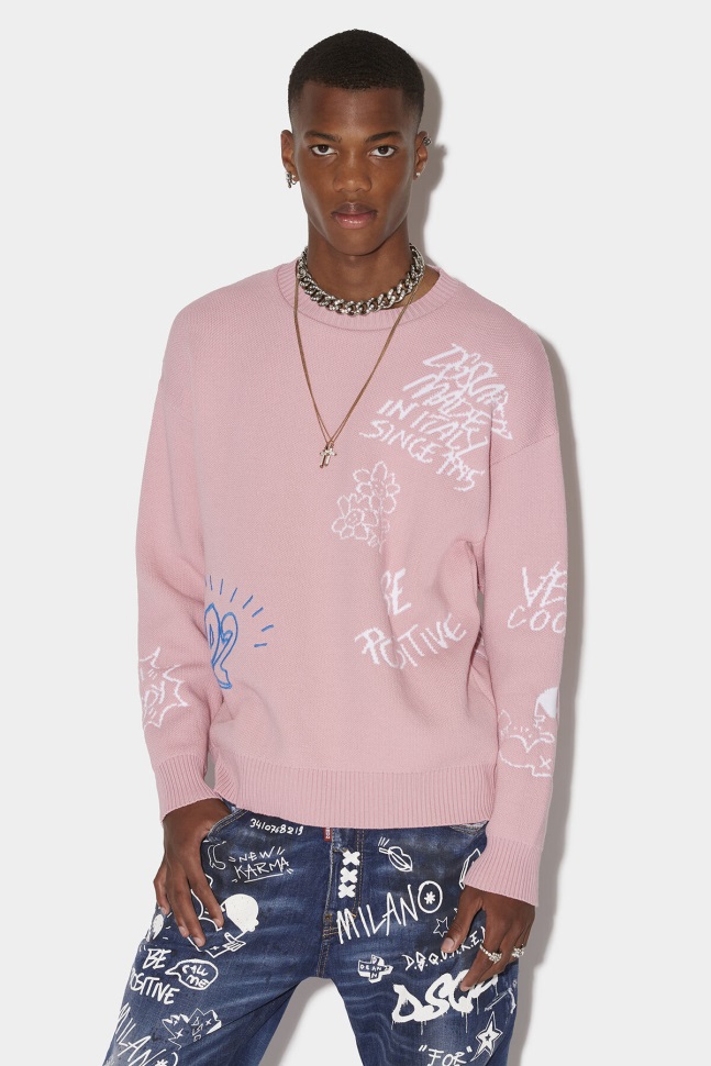 dsquared2_iconic_scribbles_round_neck_sweater_d2_pink.jpg Dsquared2 Iconic Scribbles Round Neck Sweater D2 PINK - Image 1