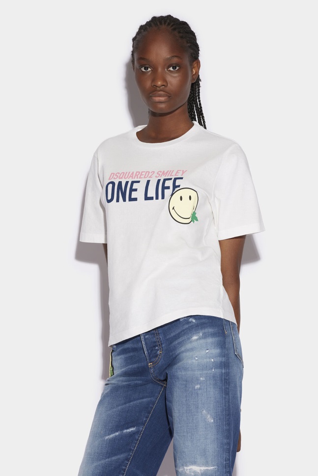 Dsquared2 Iconic Smiley Partially Recycled Cotton Renny Fit T-Shirt WHITE - Image 3