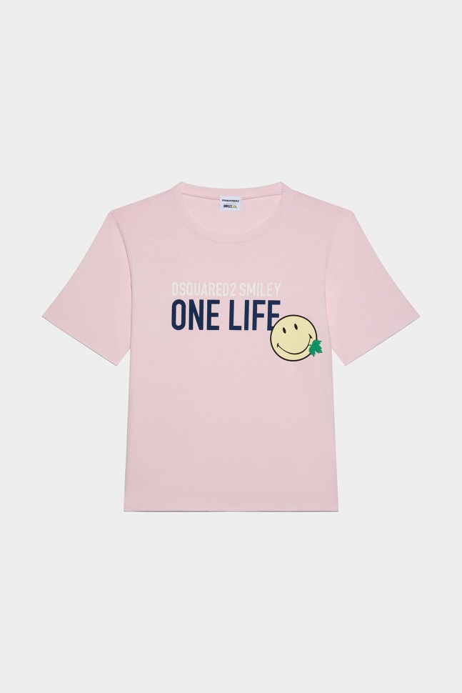 Dsquared2 Iconic Smiley Partially Recycled Cotton Renny Fit T-Shirt WHITE/PINK - Image 1