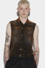Dsquared2 New In Velvet Denim Vest SALMON/MILITARY GREEN - Image 3