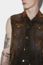 Dsquared2 New In Velvet Denim Vest SALMON/MILITARY GREEN - Image 4