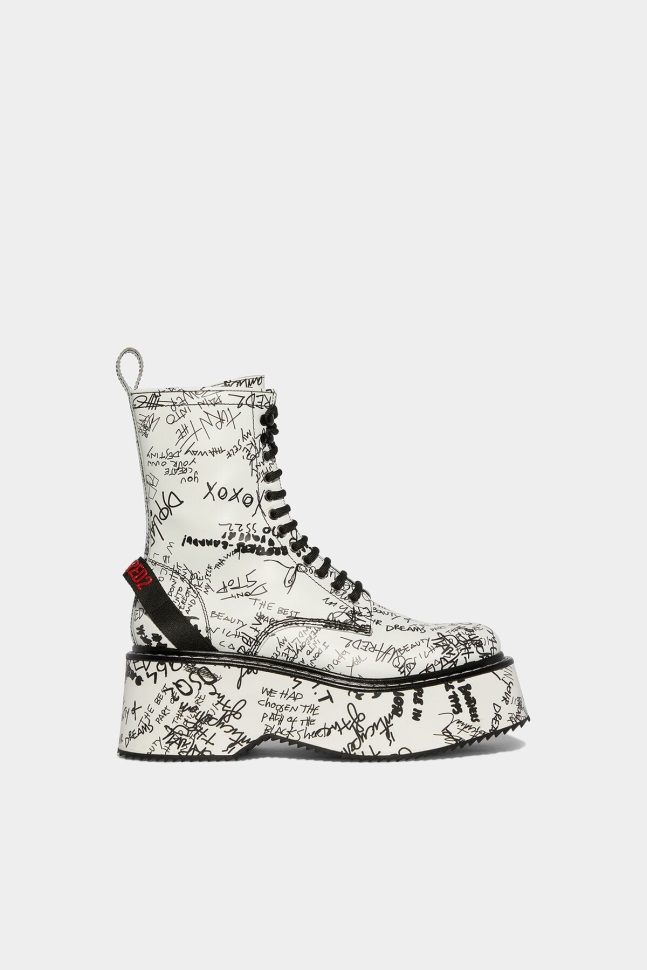 Dsquared2 Iconic BLACK Scribbles Combat Ankle Boots D2