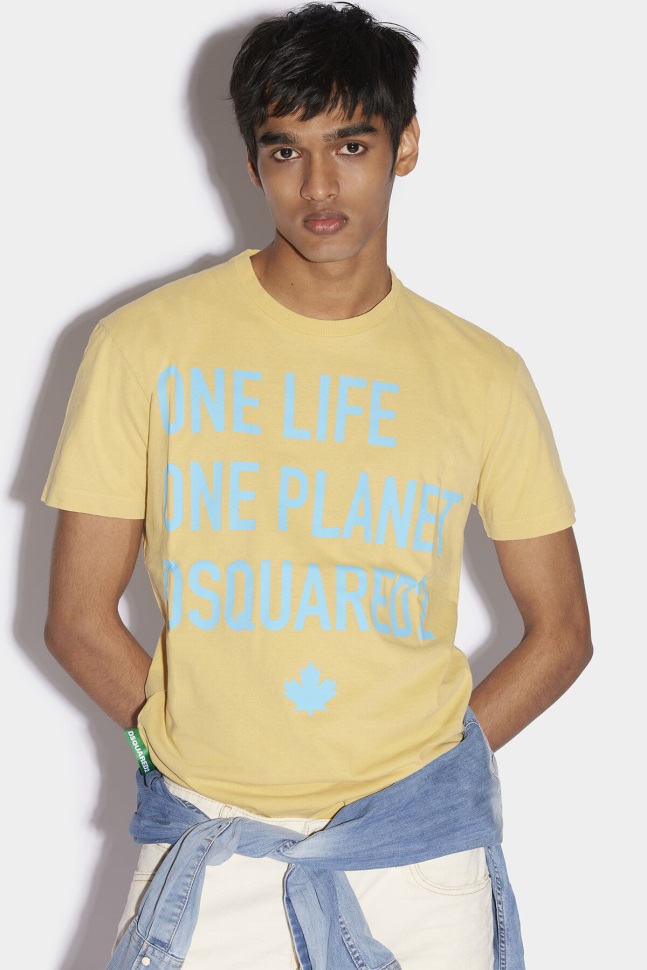 Dsquared2 Iconic BEIGE/YELLOW One Life Partially Recycled Cotton T-Shirt D2 BEIGE