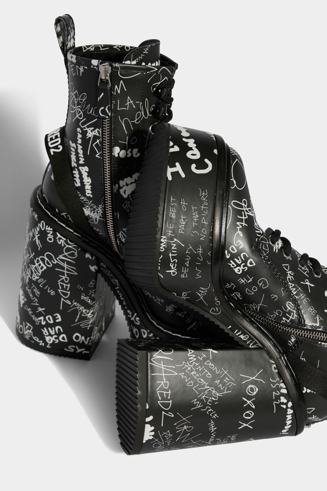 Dsquared2 Iconic Scribbles Heeled Ankle Boots BLACK D2