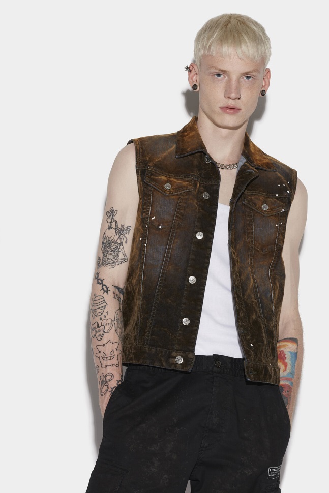 Dsquared2 New In Velvet Denim Vest SALMON/MILITARY GREEN
