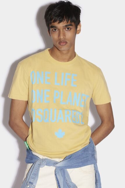 Dsquared2 Iconic BEIGE/YELLOW One Life Partially Recycled Cotton T-Shirt D2 BEIGE