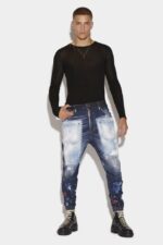 Dsquared2 Iconic Dark Splatter&Light White Paint Wash Elastic Combat Jeans