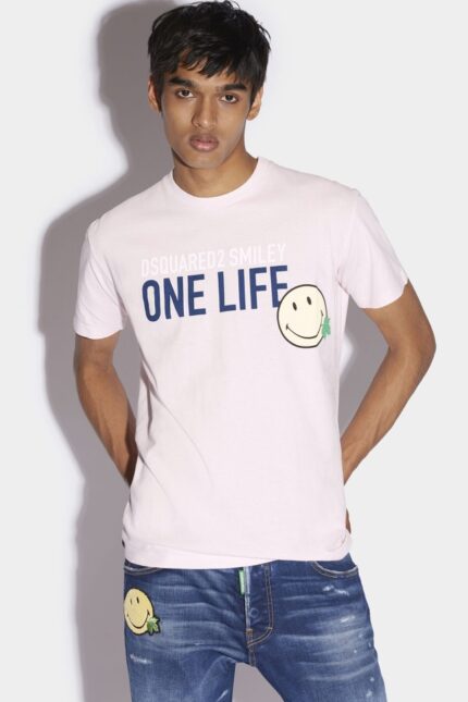 Dsquared2 Iconic Smiley Partially Recycled Cotton Cool Fit T-Shirt WHITE/PINK